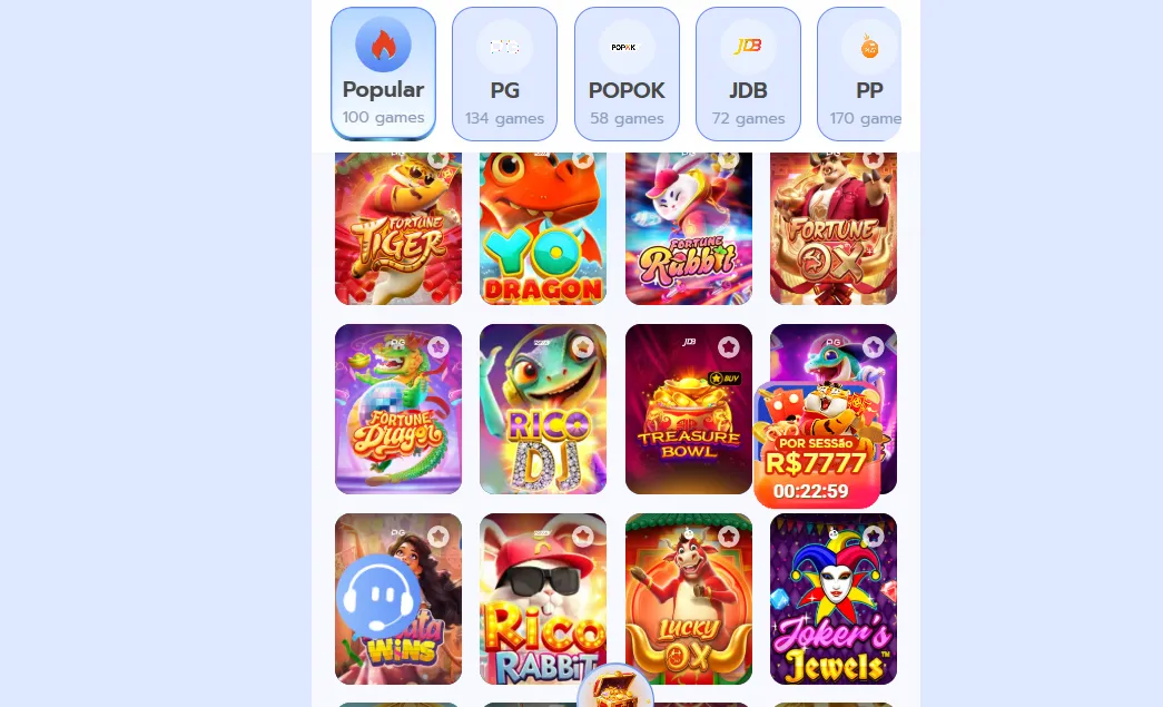 Jogos disponíveis após o registro 77ee